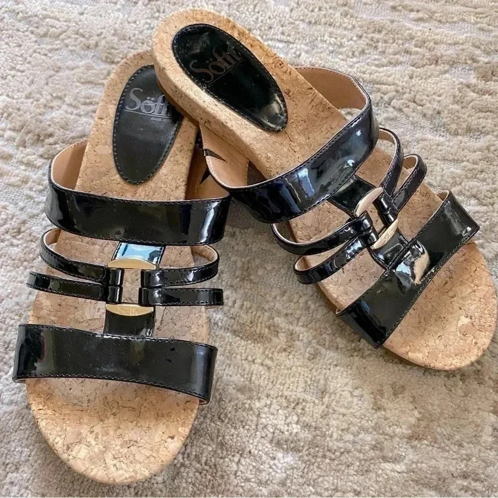 Sofft Patent Leather Cork Sole Flat Strappy Black Sandals Slides: 6.5